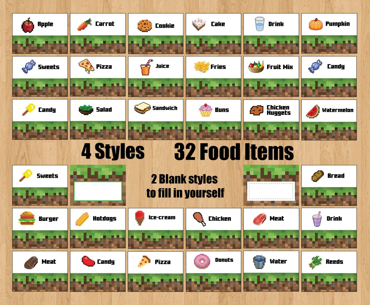Minecraft Printable 32 Food Labels 2 Blank Styles To Write On Youself 