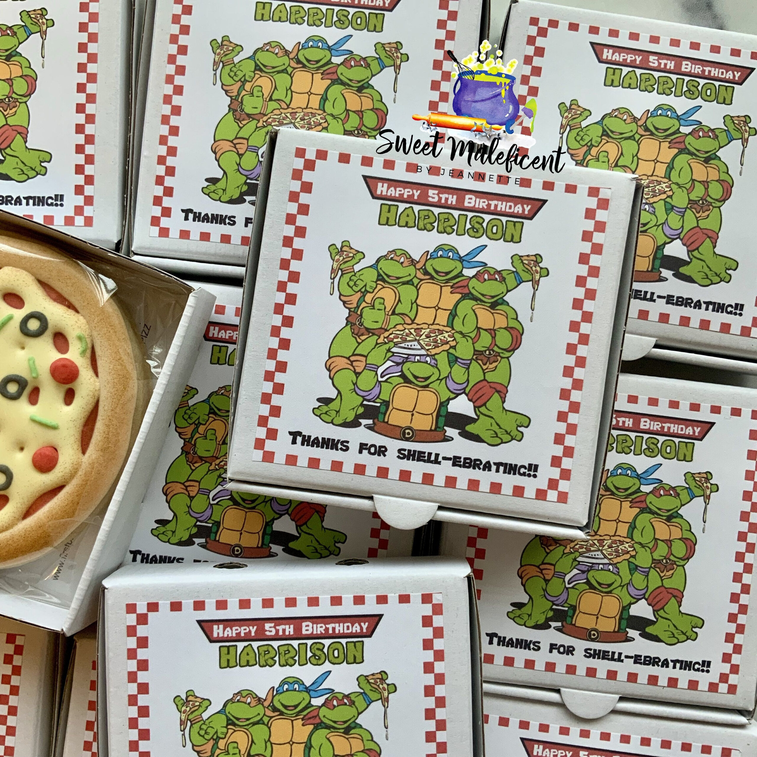 12 Mini Party Turtles Pizza Sugar Cookies With Boxes • Ninja within Printable Ninja Turtle Pizza Box Label Free