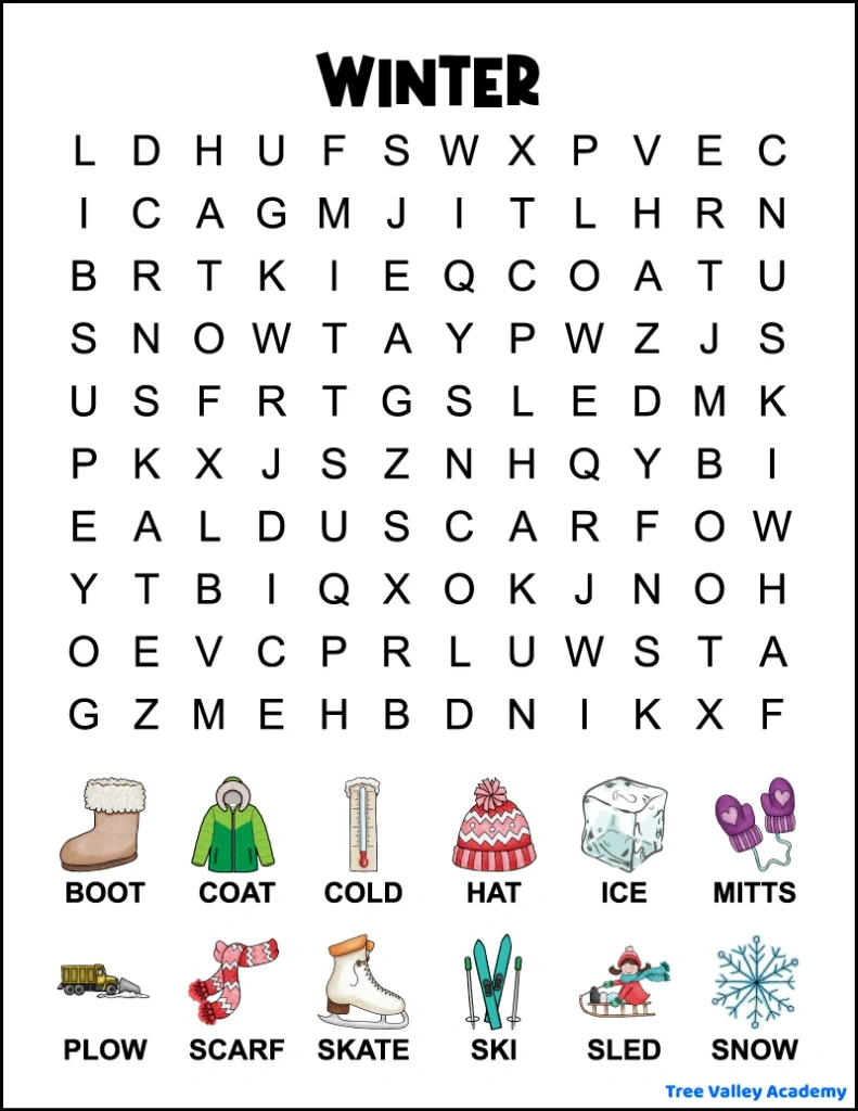 1St Grade Winter Word Search - Tree Valley Academy for Free Printable Word Searches For 1St Graders