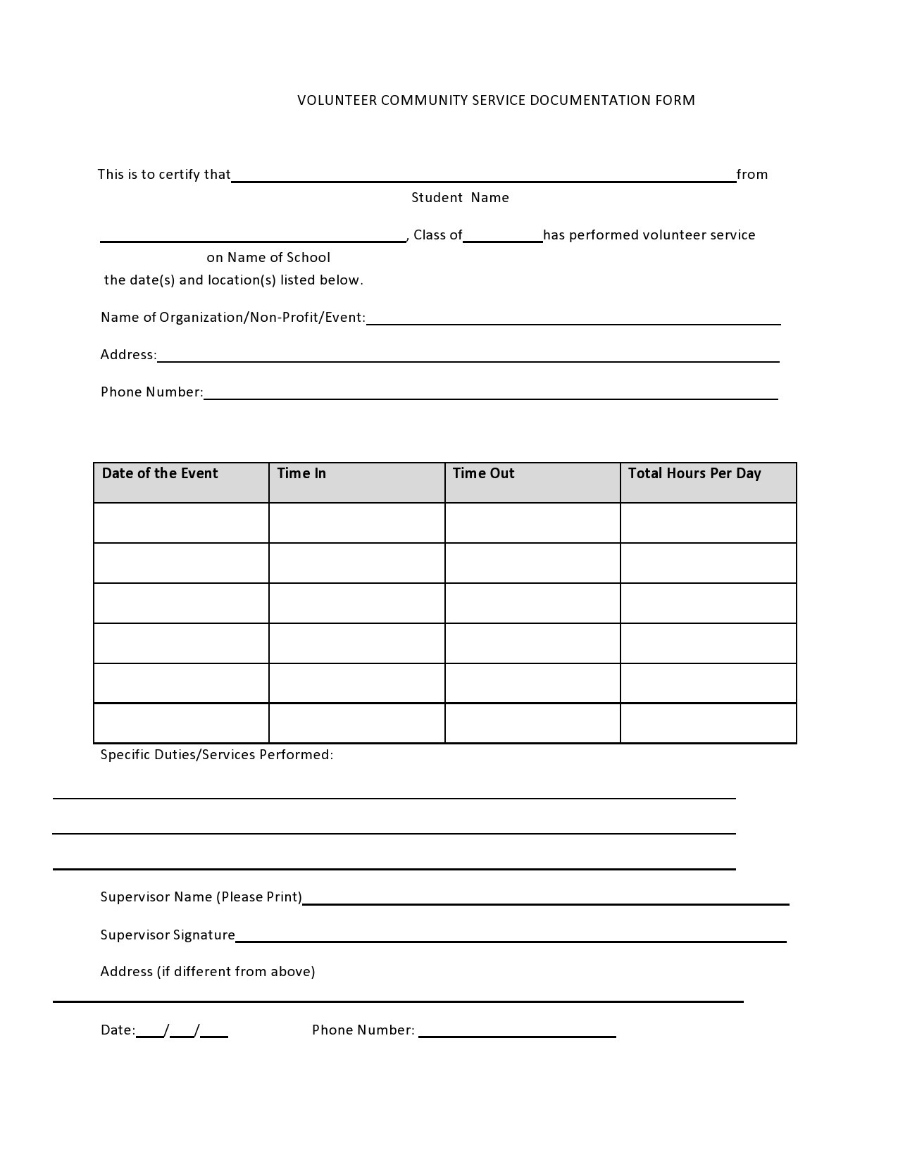 44 Printable Community Service Forms (Ms Word) ᐅ Templatelab in Free Printable Community Service Form