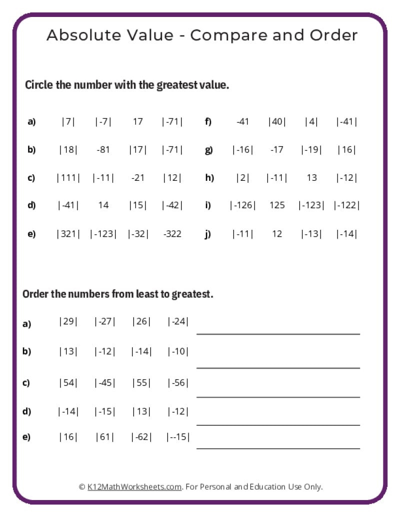 Absolute Value Worksheets regarding Free Printable Worksheets For 7th Graders