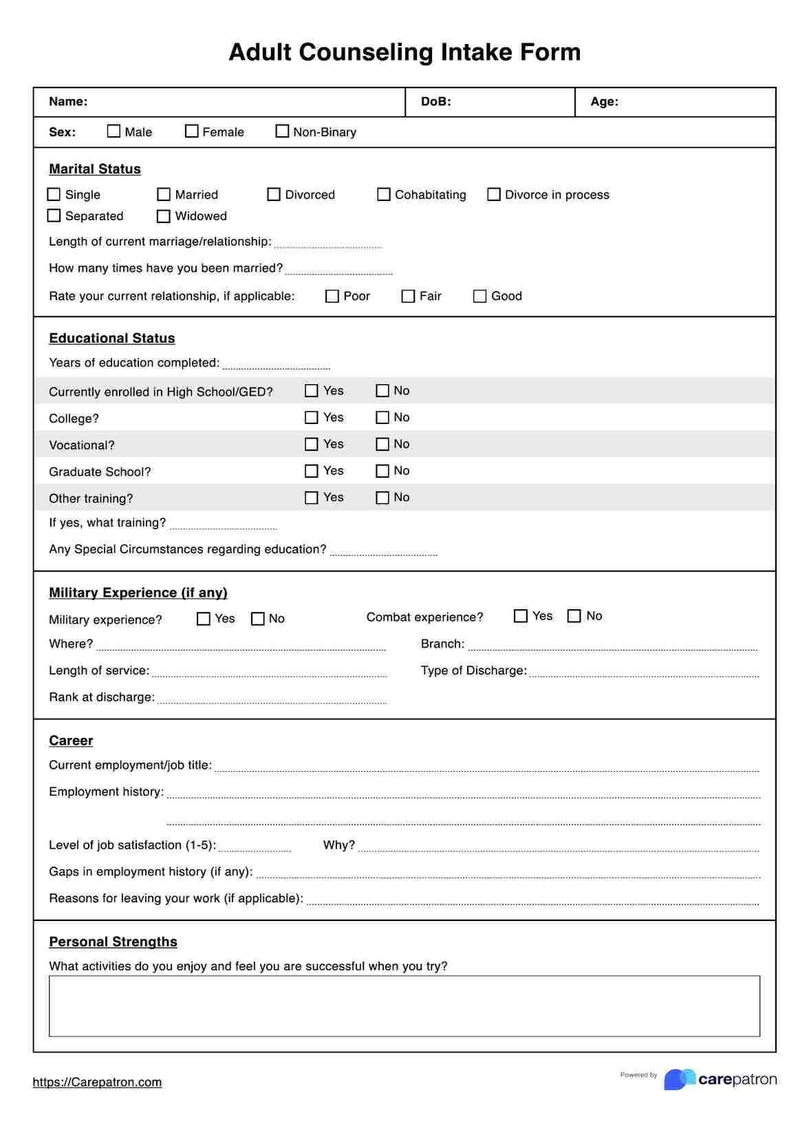 Adult Counseling Intake Form with regard to Free Printable Counseling Intake Forms