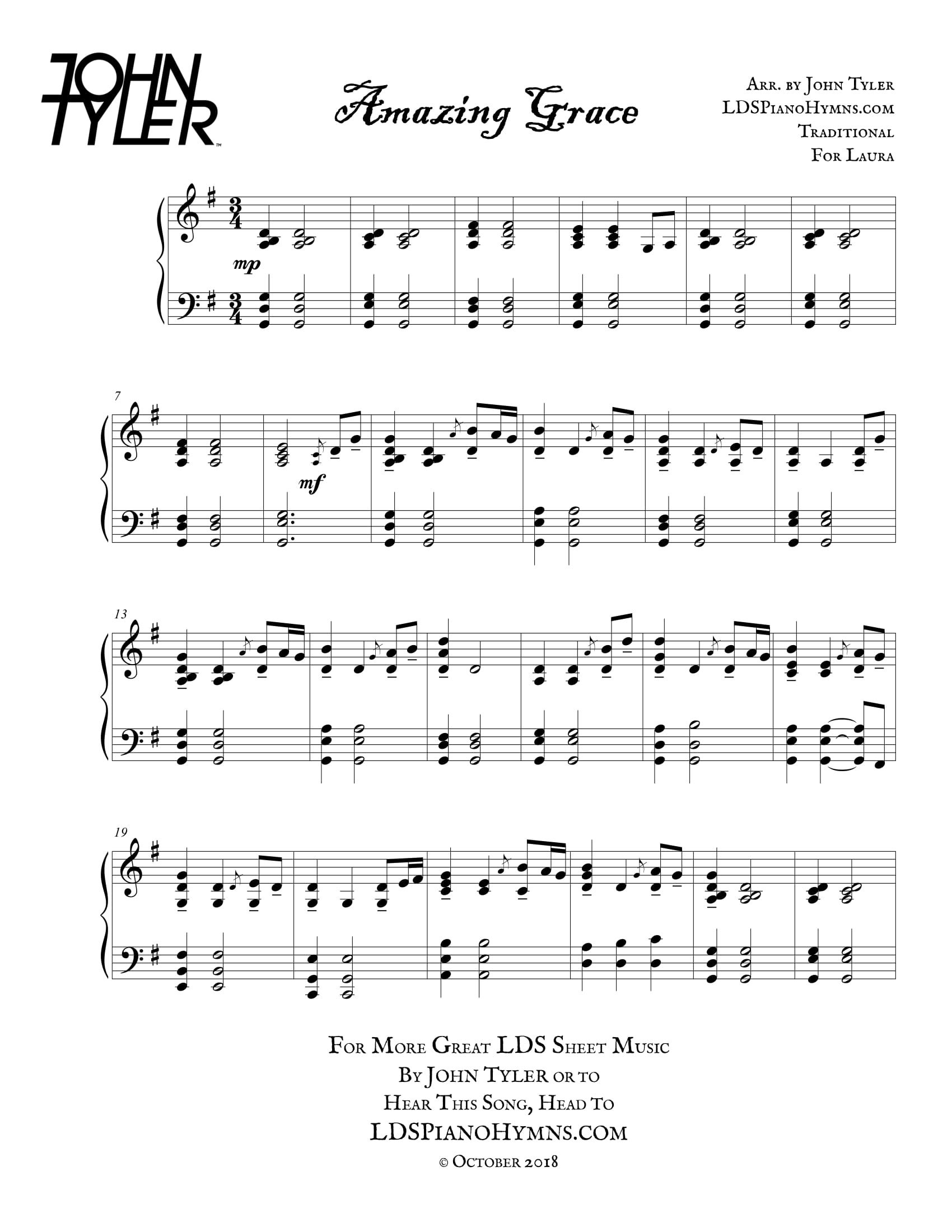Amazing Grace - Free Lds Piano Solosjohn Tyler inside Free Printable Amazing Grace Hymn Sheet Music