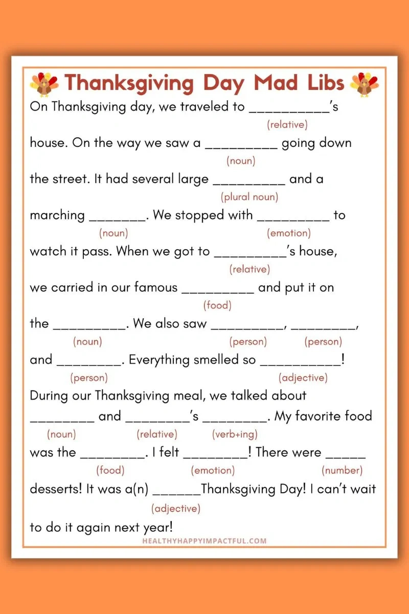 Best Thanksgiving Mad Libs Free Printable (Use It This Year!) for Free Printable Thanksgiving Mad Libs