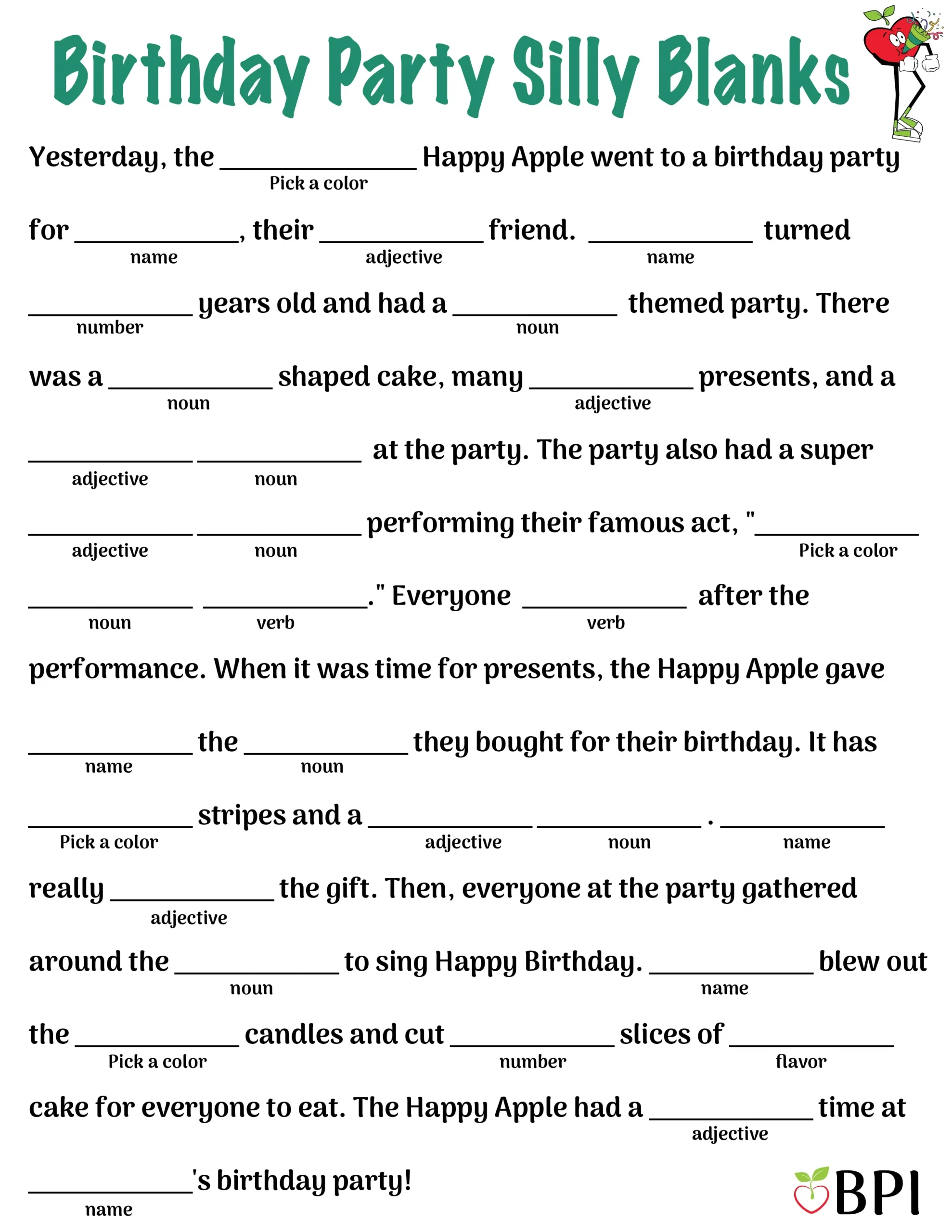 Birthday Party Silly Blanks regarding Free Printable Birthday Mad Libs