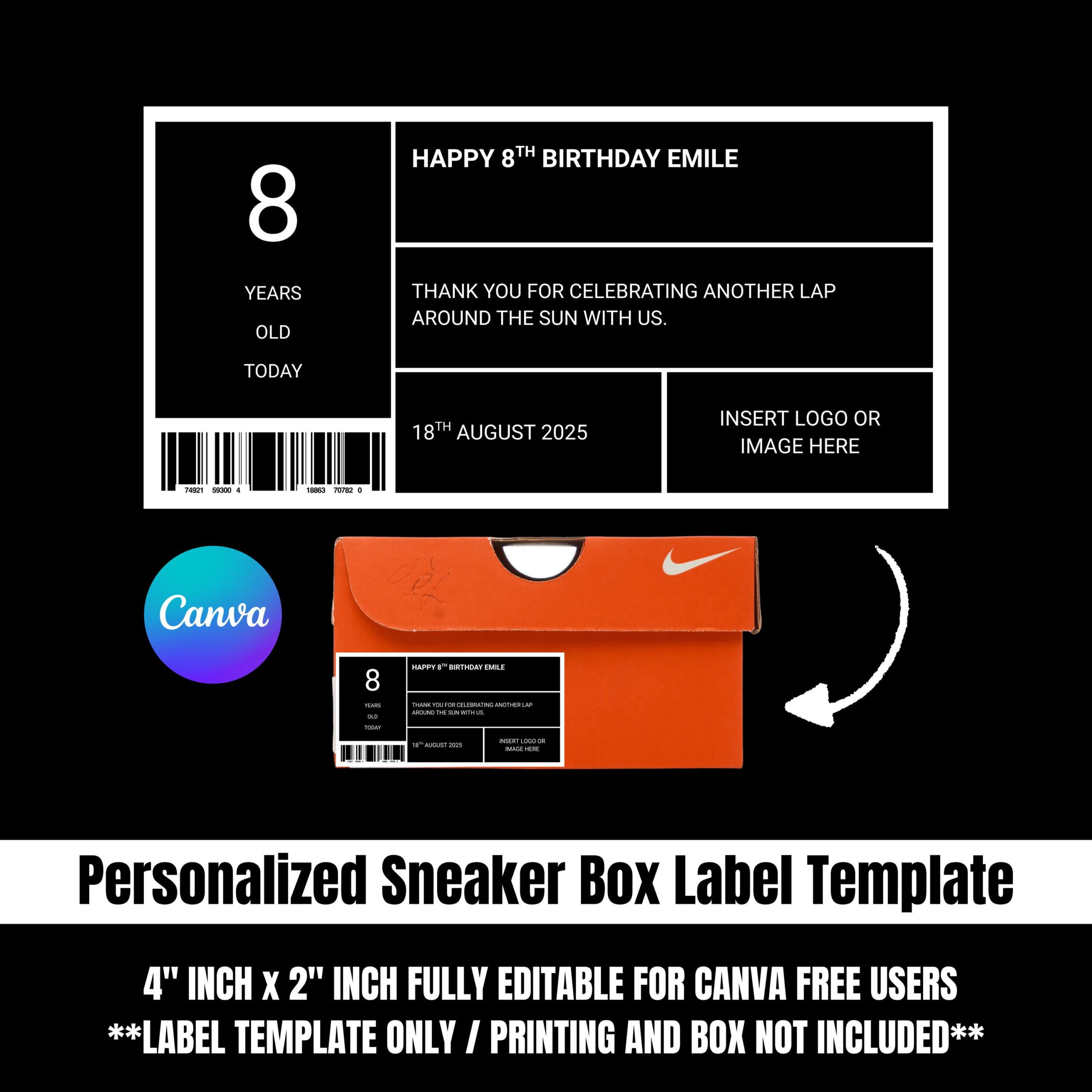 Birthday Shoe Box Label Template: 4X2&amp;quot; Editable Canva Design with regard to Nike Birthday Shoe Box Label