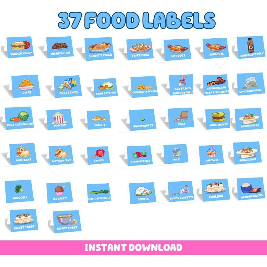 Bluey Birthday Party | 37 Food Labels Bundle | Blue Dog | Digital within Free Printable Bluey Party Food Labels