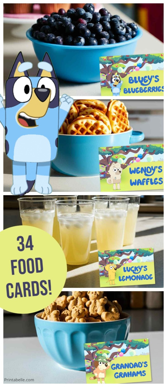 Bluey Party Food Label Cards + Free Snack Bar Sign | Printabelle throughout Free Printable Bluey Party Food Labels