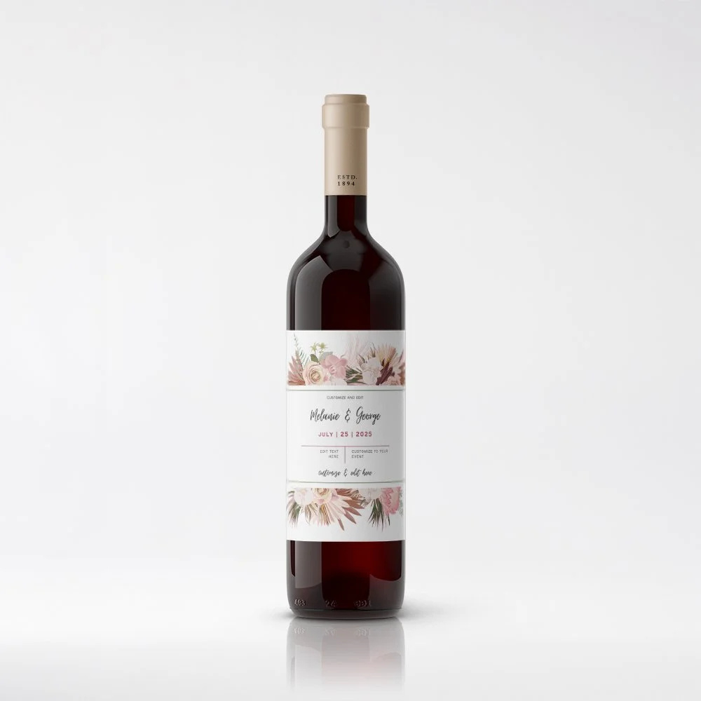 Boho Floral Bridal Shower Wine Labels, Free Canva Template pertaining to Free Wine Label Templates Printable