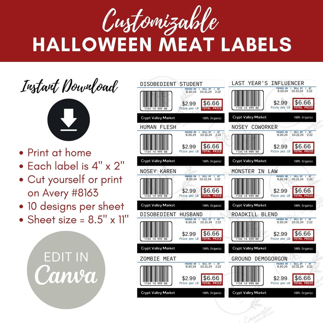 Buy Editable Halloween Meat Labels | Holiday White Elephant Idea | Print At Home | Meat Sticker | Fake Meat Labels | Instant Download Online In India inside Printable Halloween Meat Labels