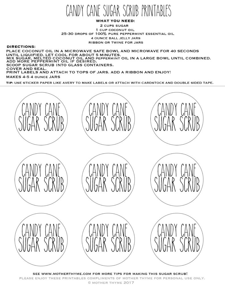 Candy Cane Sugar Scrub + Free Printable Labels - Mother Thyme in Sugar Scrub Printable Label