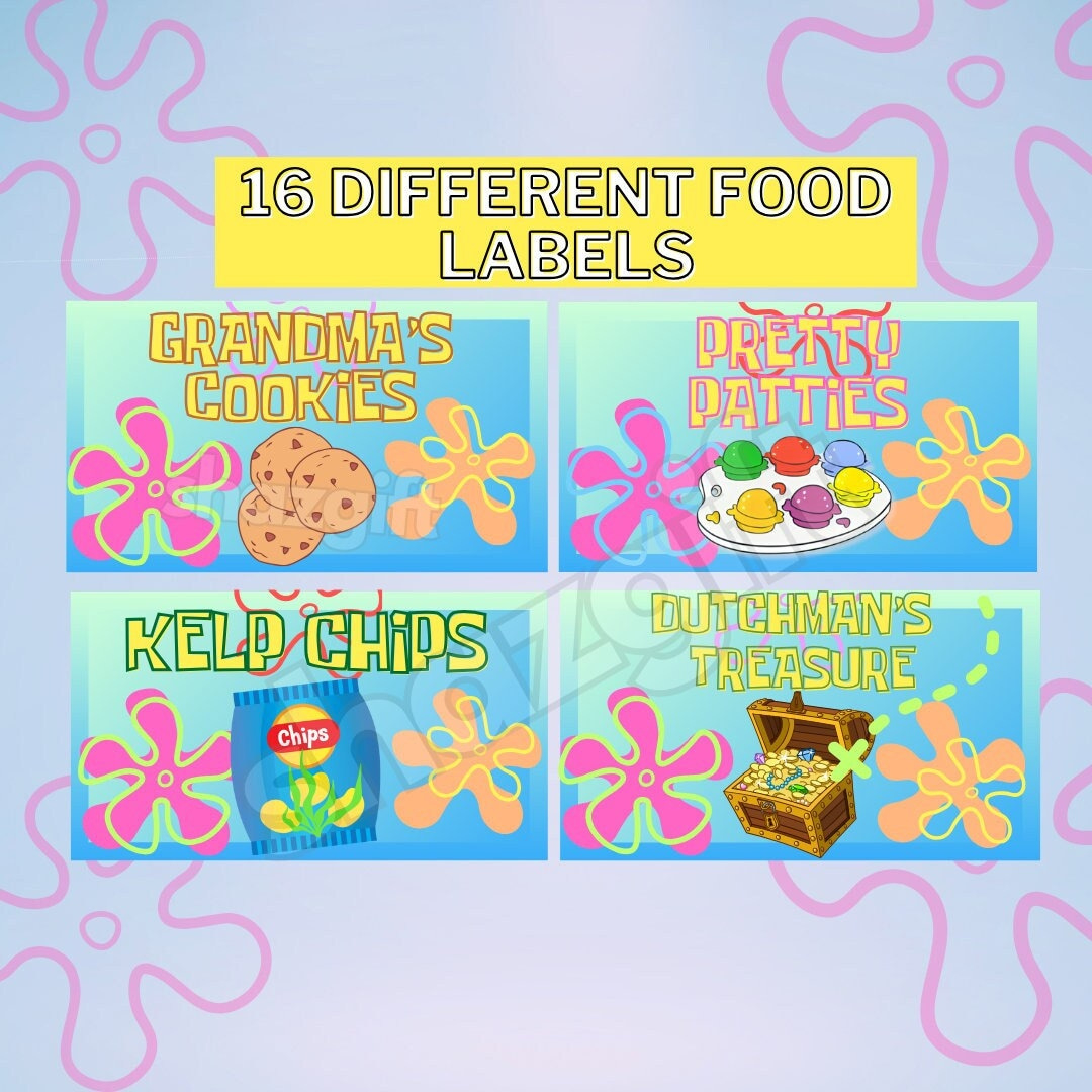 Cartoon Under The Sea 16 Food Tent Labels Dessert Birthday Party regarding Free Printable Spongebob Food Labels