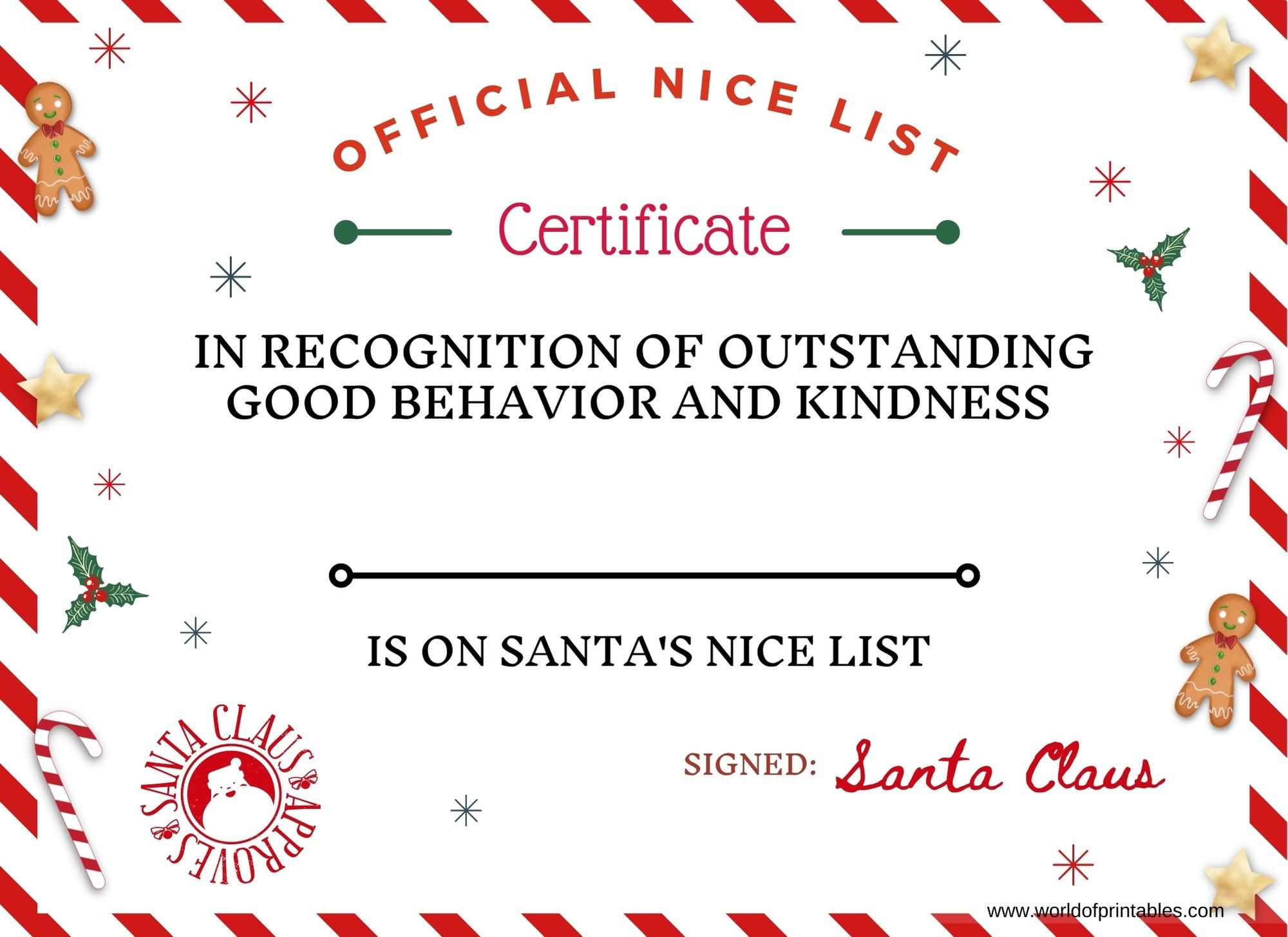 Christmas Nice List Certificate From Santa - Free Printable To in Free Printable Nice List Certificate