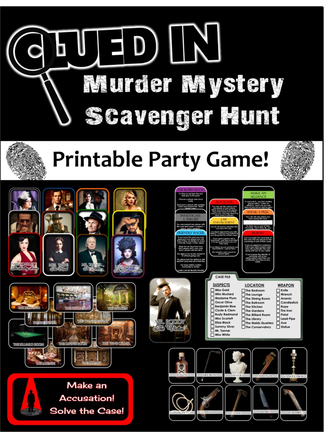 Clued-In Murder Mystery Scavenger Hunt - Printable Party Game throughout Free Printable Murder Mystery Games