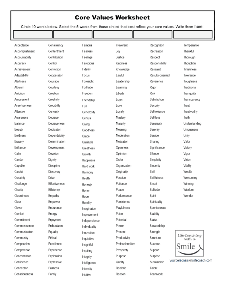 Core Values Worksheet (Including 221 Wonderful Core Value Words inside Free Printable Core Values Worksheet