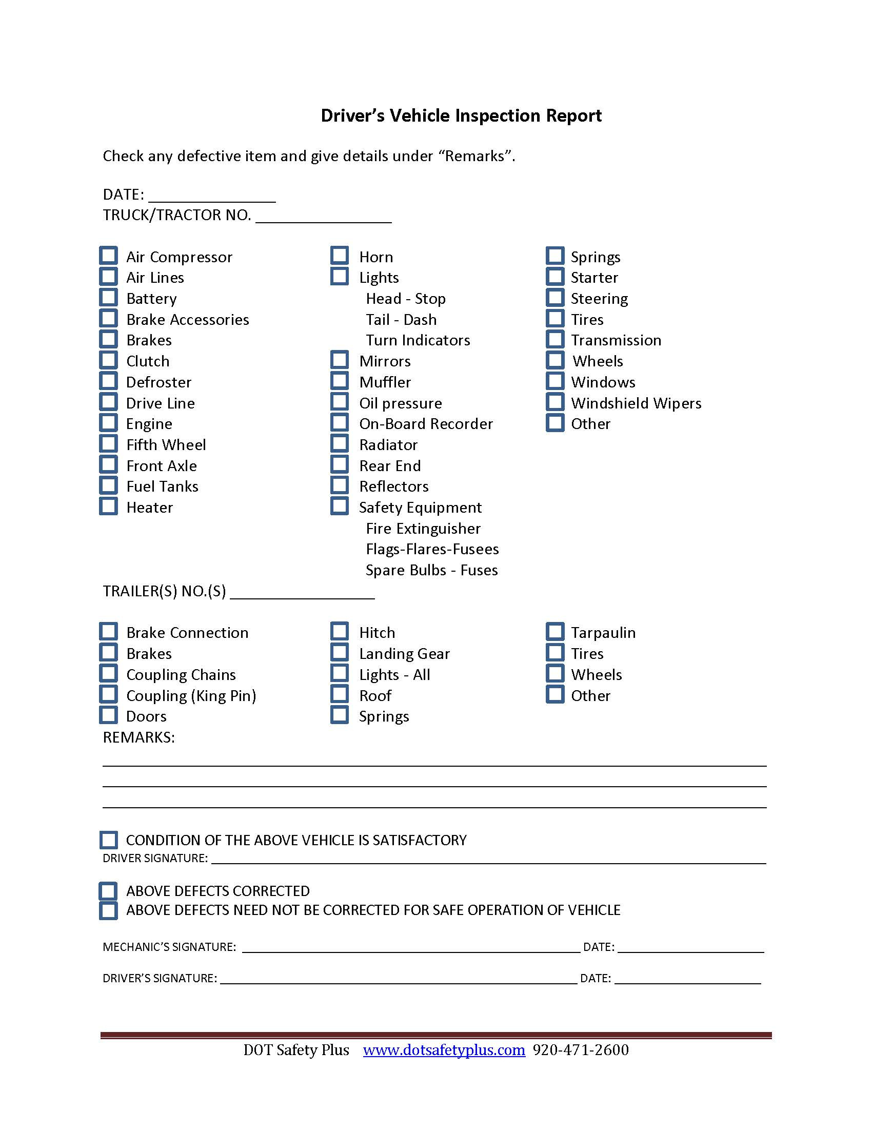 Daily Vehicle Inspection Report (Dvir) | Dot Safety Plus with regard to Free Printable Driver Vehicle Inspection Report Form