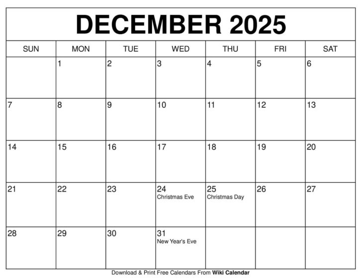 Free Printable December 2025 Calendar