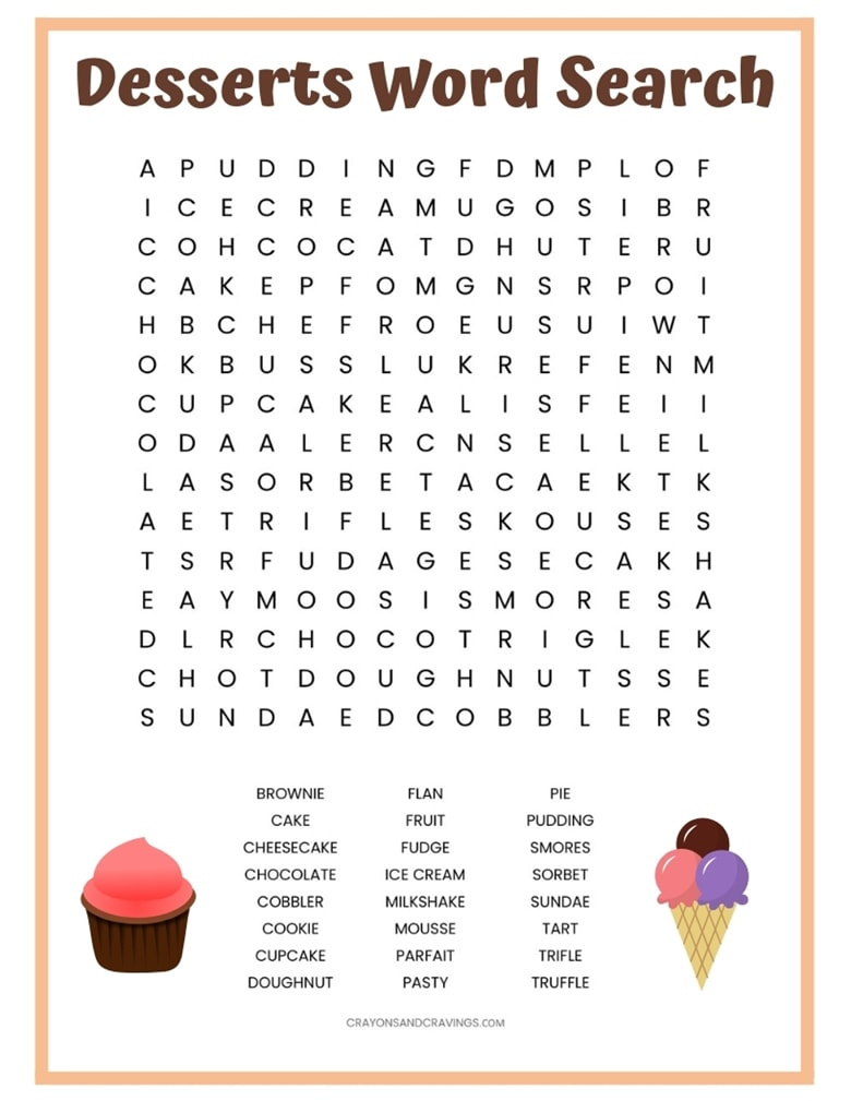 Desserts Word Search - Free Printable Worksheet pertaining to Free Printable Word Search For Kids