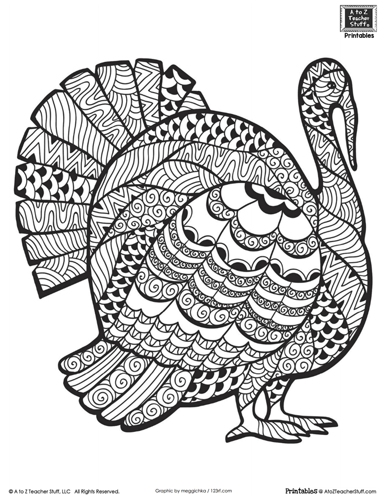 Detailed Turkey Advanced Coloring Page | A To Z Teacher Stuff intended for Free Printable Adult Thanksgiving Coloring Pages