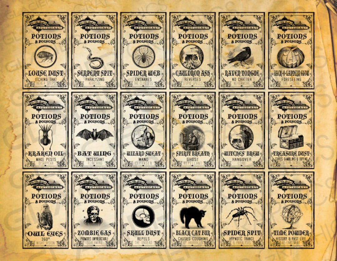 Digital Poison Witch Labels Apothecary Potion Labels Digital Download Bottle Jar Tags Vintage Style Image Clip Art Printable Collage Sheet - Etsy.de in Printable Poison Bottle Labels