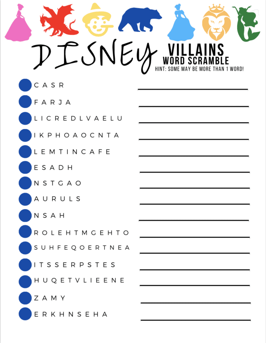 Disney Character Word Scramble Activity Pages - Free Printable for Free Printable Word Scramble