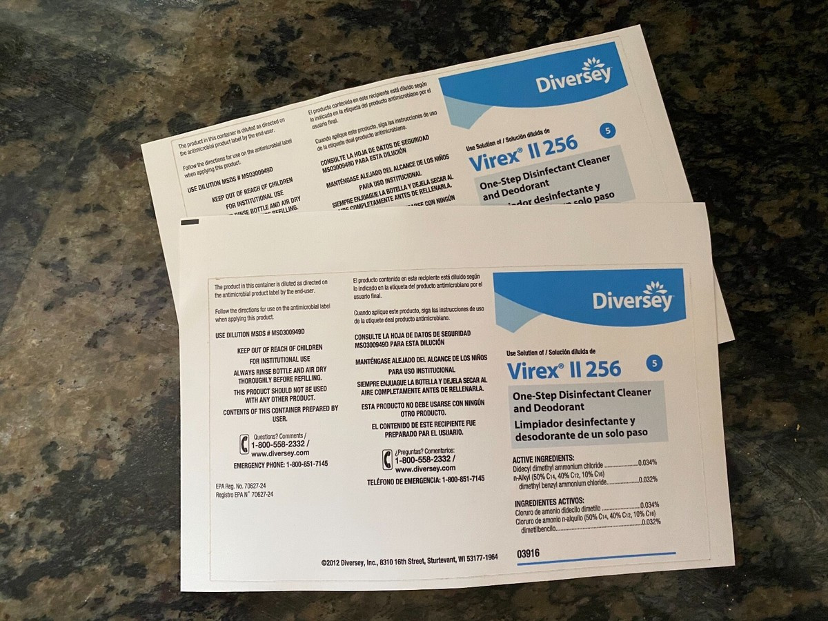 Diversey Virex Ii 256 Bottle Labels 2 Pack Labels Only | Ebay in Virex Ii 256 Printable Label