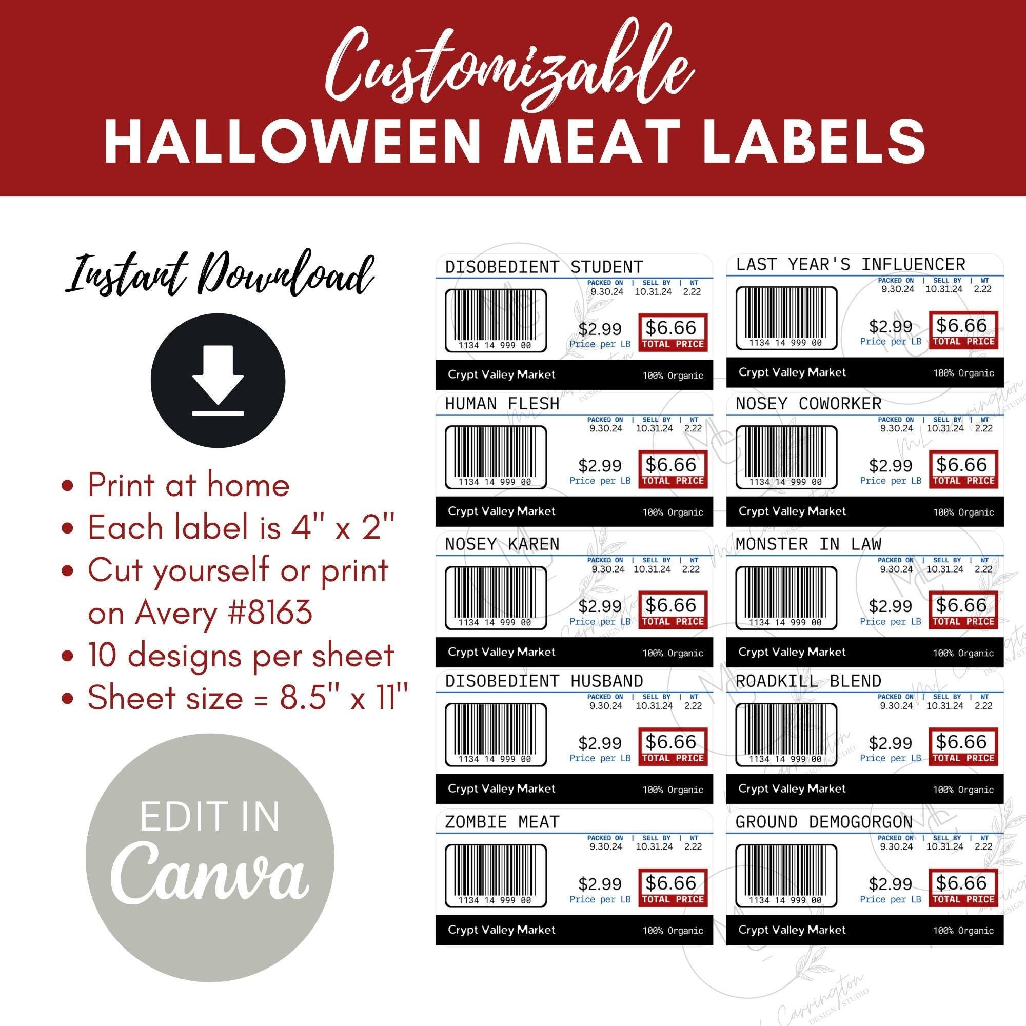Editable Halloween Meat Labels: Funny Food Stickers (Instant regarding Free Printable Meat Label Template