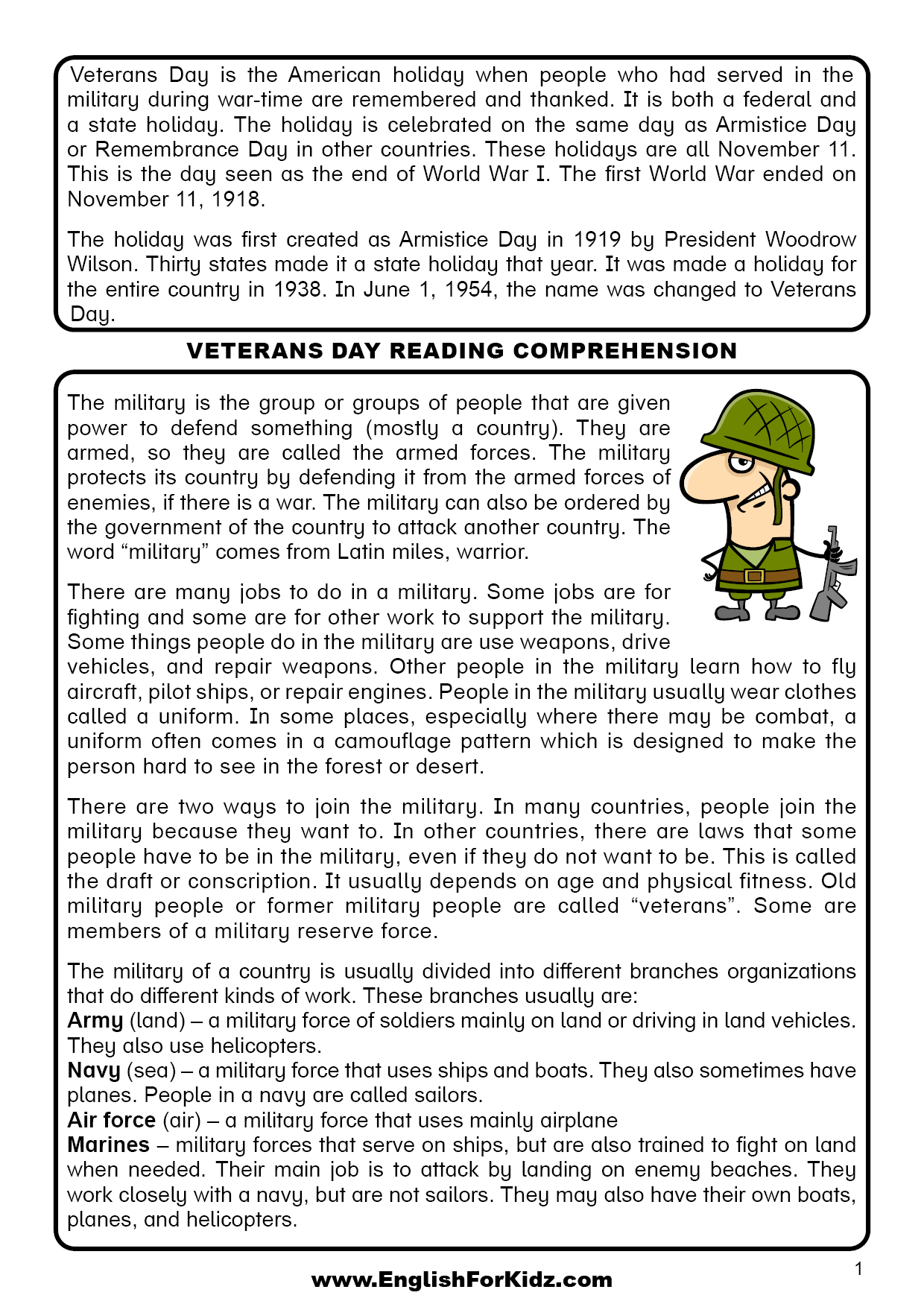 English For Kids Stepstep: Veterans Day Reading Comprehension throughout Free Printable Veterans Day Worksheets