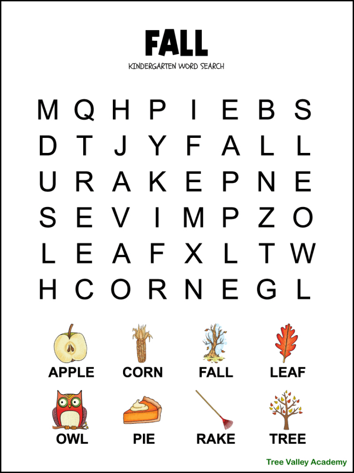 Free Printable Kindergarten Word Search