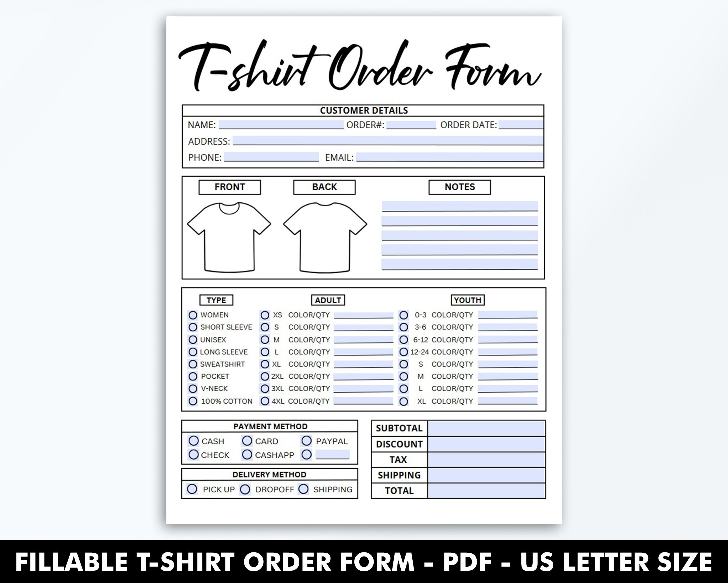 Fillable T-Shirt Order Form Template, Editable Shirt Order Form throughout Free Printable T Shirt Order Forms