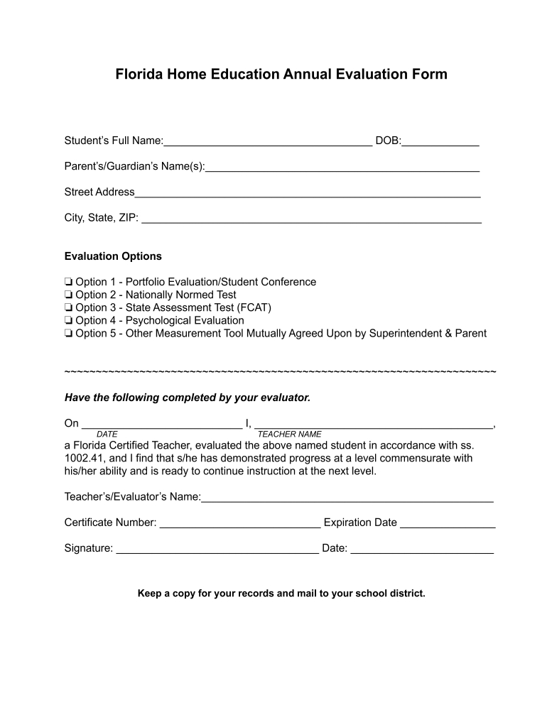 Florida Homeschool Evaluation Form: Fill Out &amp;amp; Sign Online | Dochub intended for Free Printable Homeschool Assessment Test