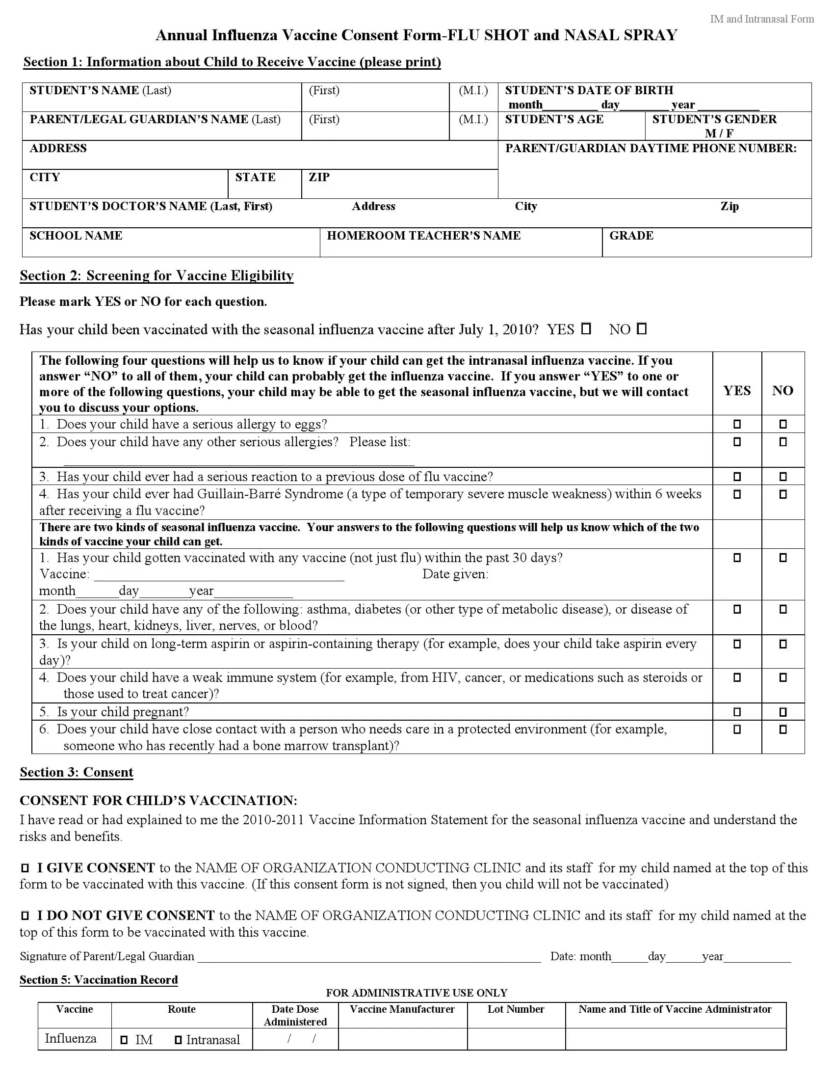 Flu Shot (Vaccine) And Nasal Spray Parental Consent Form with regard to Free Printable Flu Vaccine Form