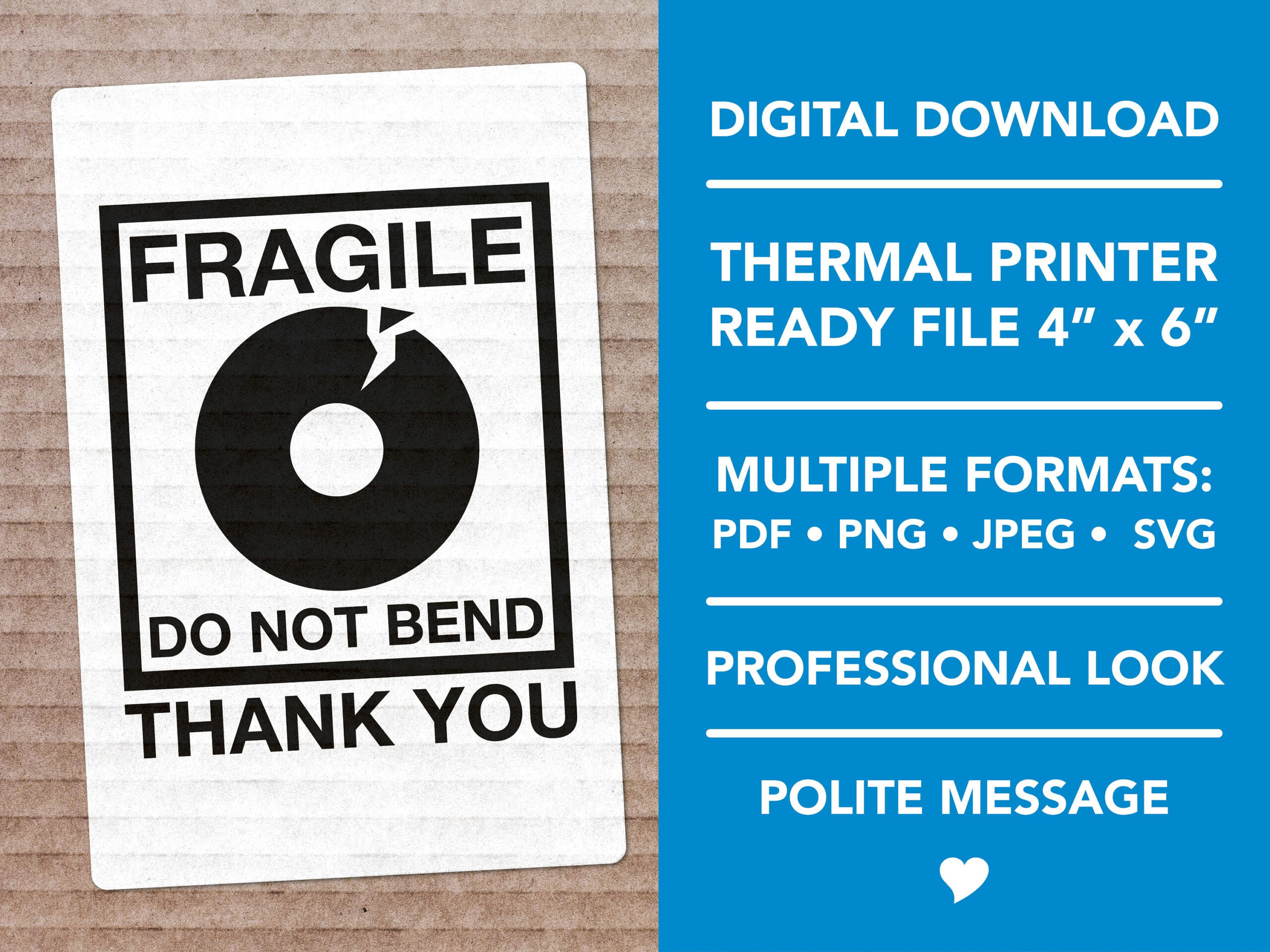 Fragile Do Not Bend Label | Sofortiger Digitaler Download | 4 X 6 in Fragile 4X6 Printable Label