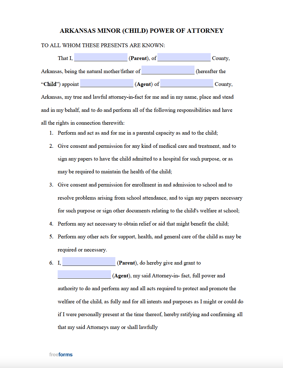 Free Arkansas Minor (Child) Power Of Attorney Form | Pdf inside Free Printable Guardianship Forms Arkansas