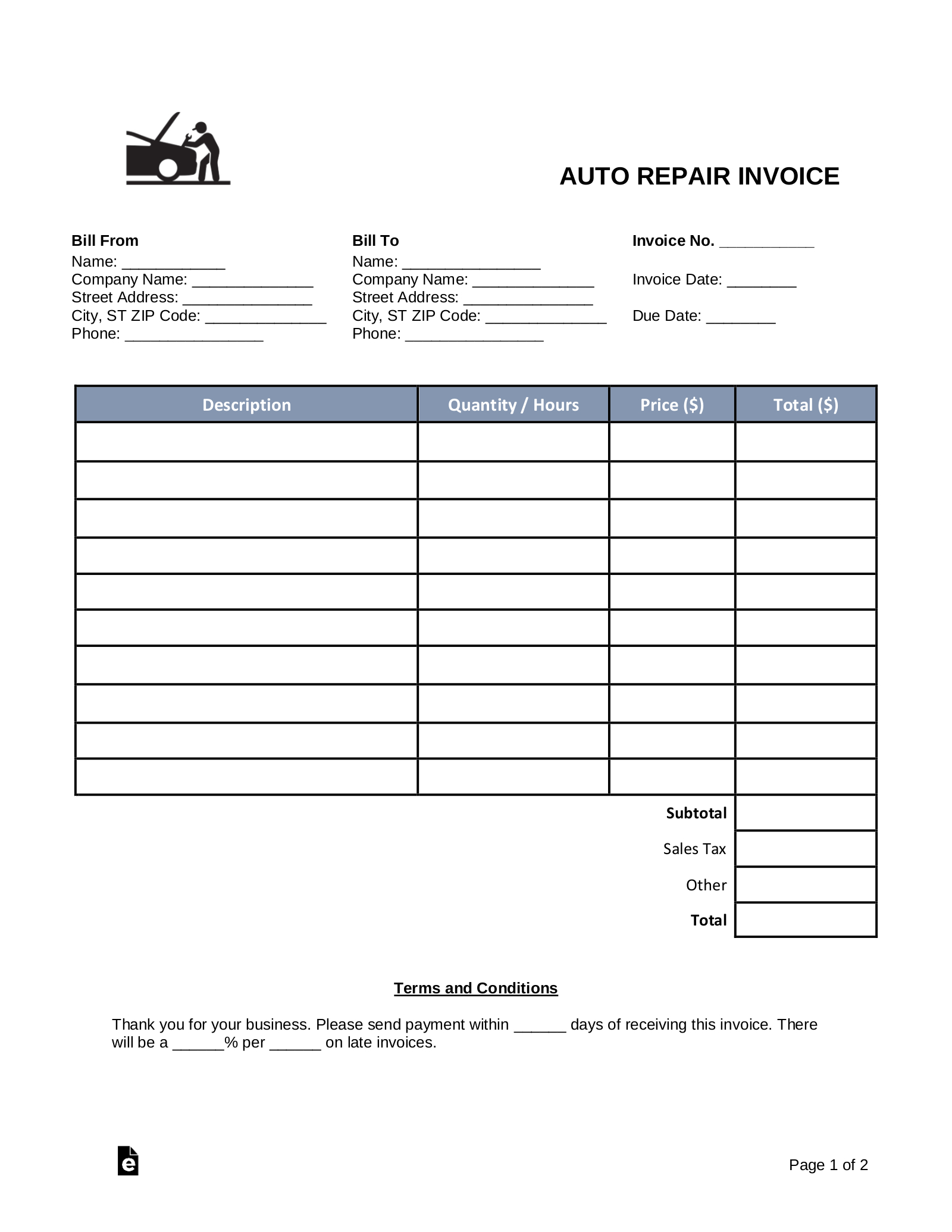 Free Auto Body (Mechanic) Invoice Template - Pdf | Word – Eforms within Free Printable Auto Repair Forms