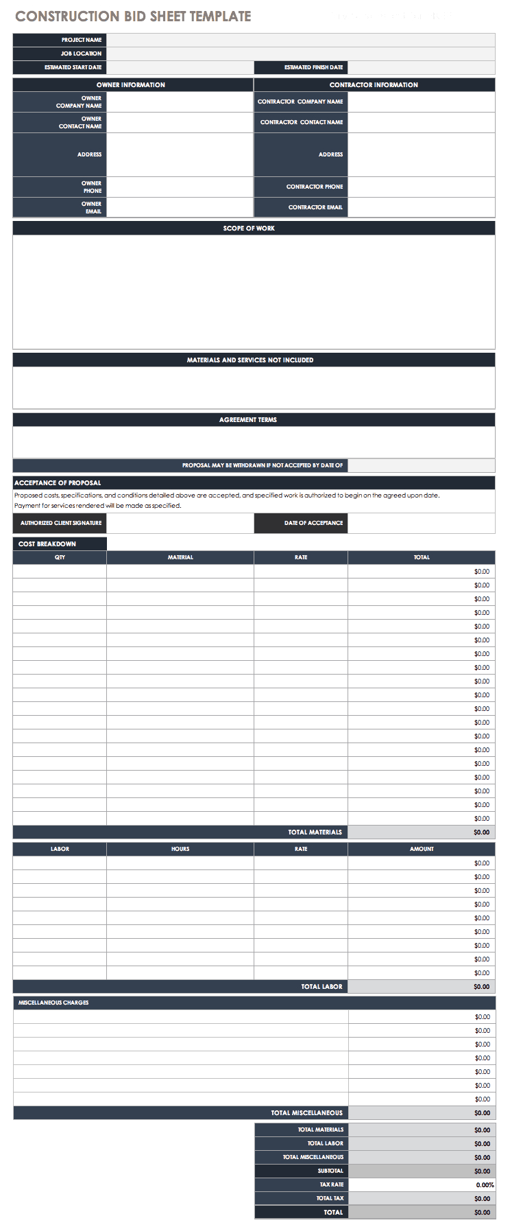 Free Bid Proposal Templates | Smartsheet for Free Printable Contractor Bid Forms