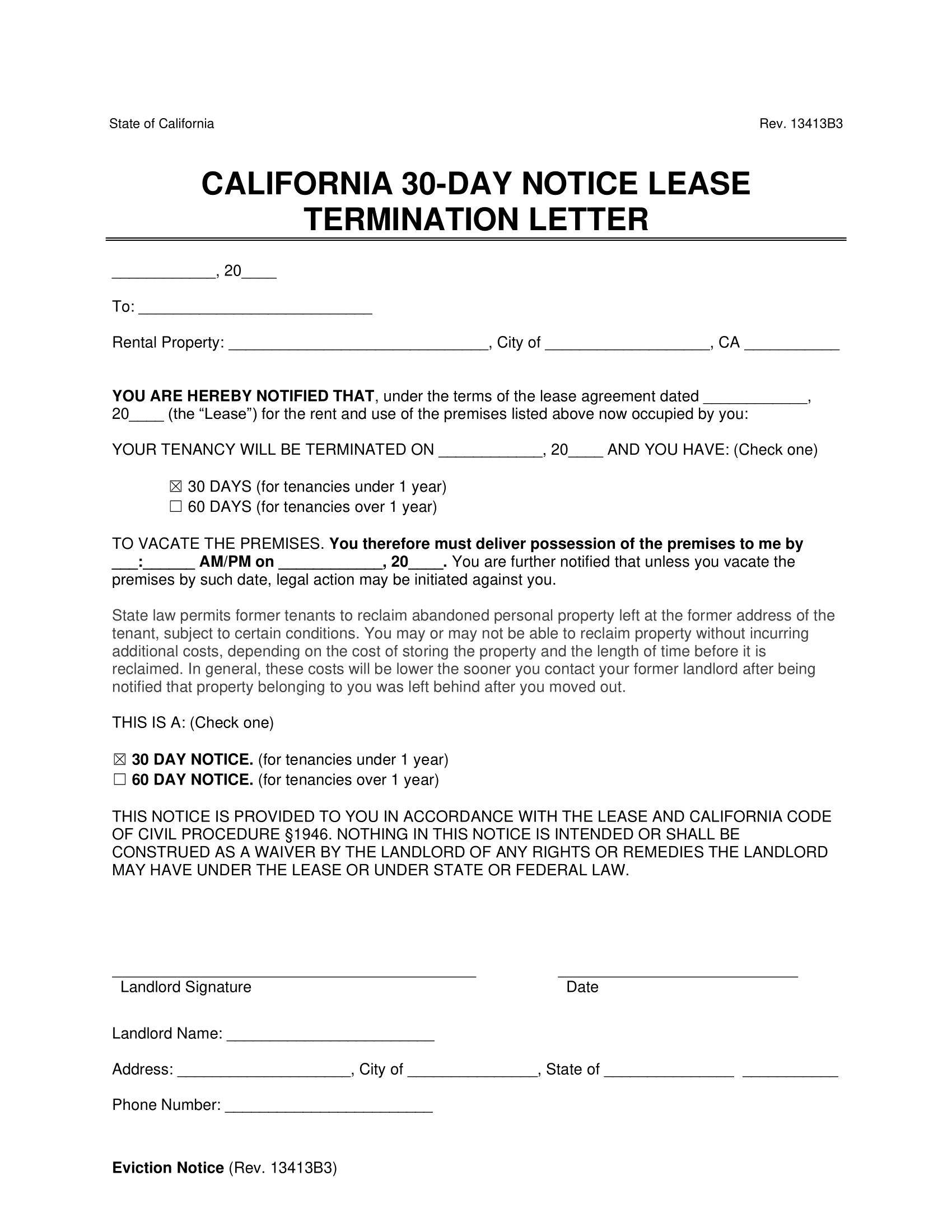 Free California 30-Day Notice To Vacate | Lease Termination Letter in Free Printable 30 Day Notice To Vacate