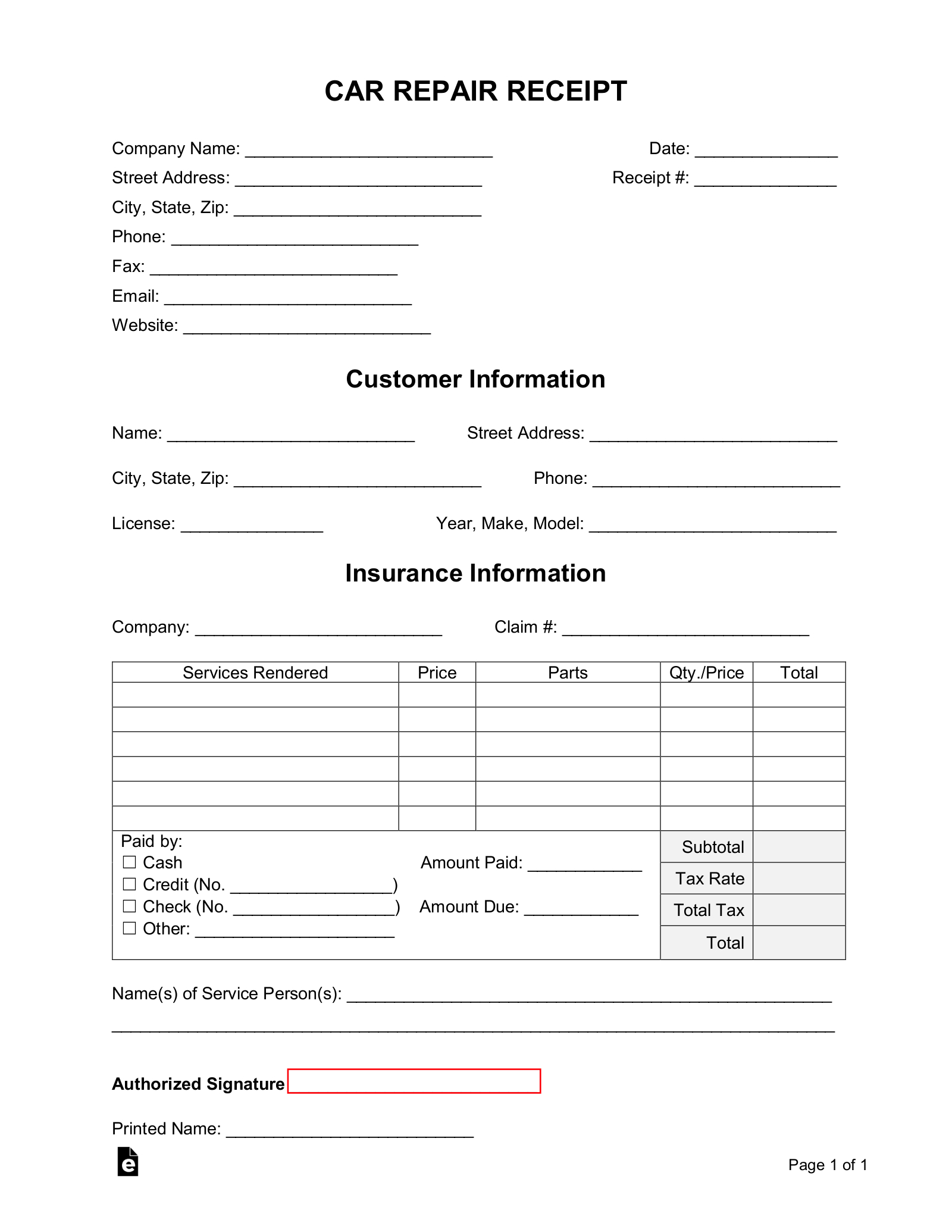 Free Car (Vehicle) Repair Receipt Template - Pdf | Word – Eforms inside Free Printable Auto Repair Forms