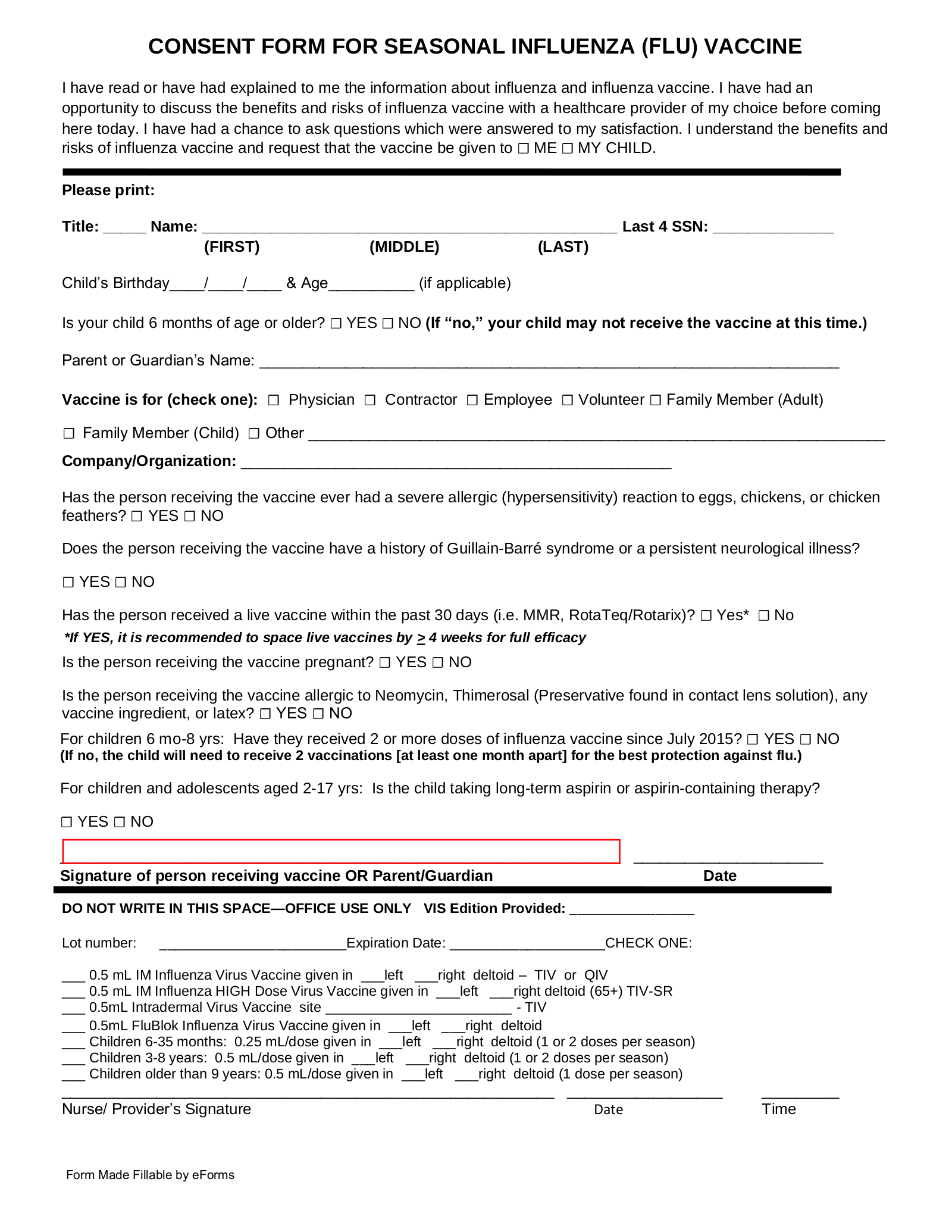 Free Flu Shot (Influenza) Vaccine Consent Form - Pdf | Word – Eforms throughout Free Printable Flu Vaccine Form