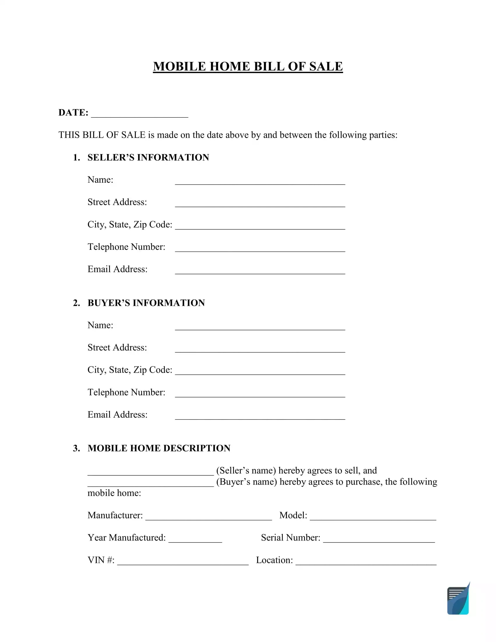 Free Mobile Home Bill Of Sale Form Template | Formspal intended for Free Printable Purchase Agreement For Mobile Home