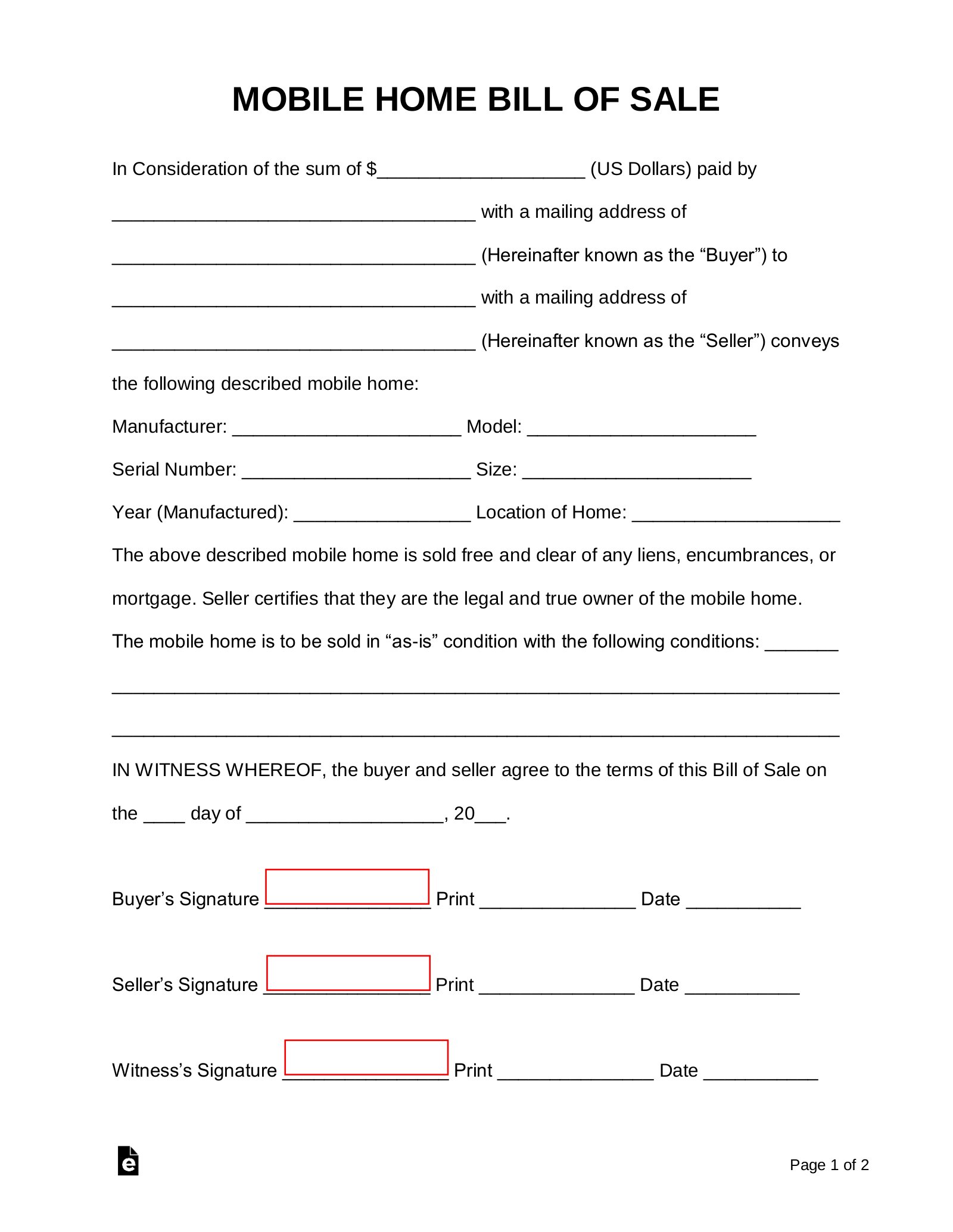 Free Mobile (Manufactured) Home Bill Of Sale Form - Pdf | Word pertaining to Free Printable Purchase Agreement For Mobile Home
