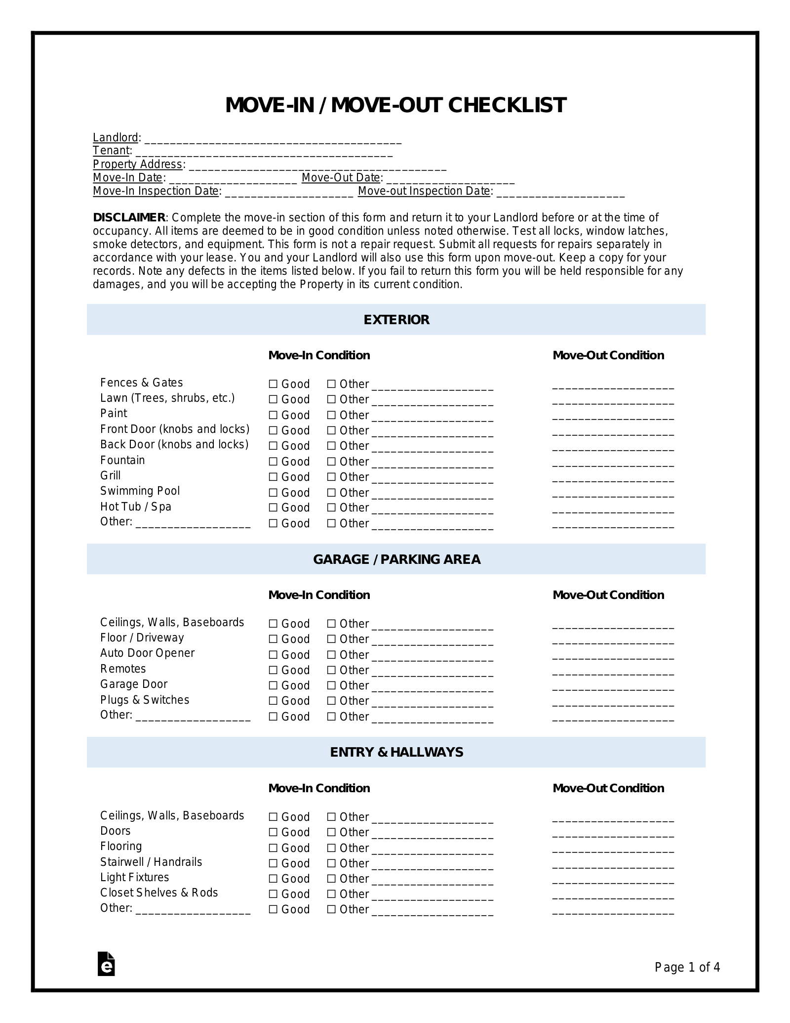 Free Move-In / Move-Out Checklist Form (Tenant) - Pdf | Word – Eforms in Free Printable Move In Checklist