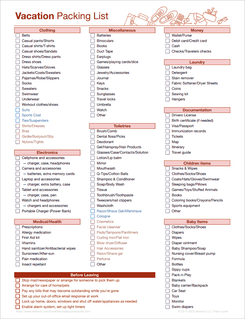 Free Packing List Template For Vacation, Travel Or College throughout Free Printable Packing List For Vacation