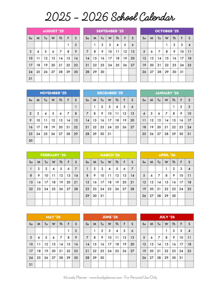 Free Printable School Calendar 2025-26