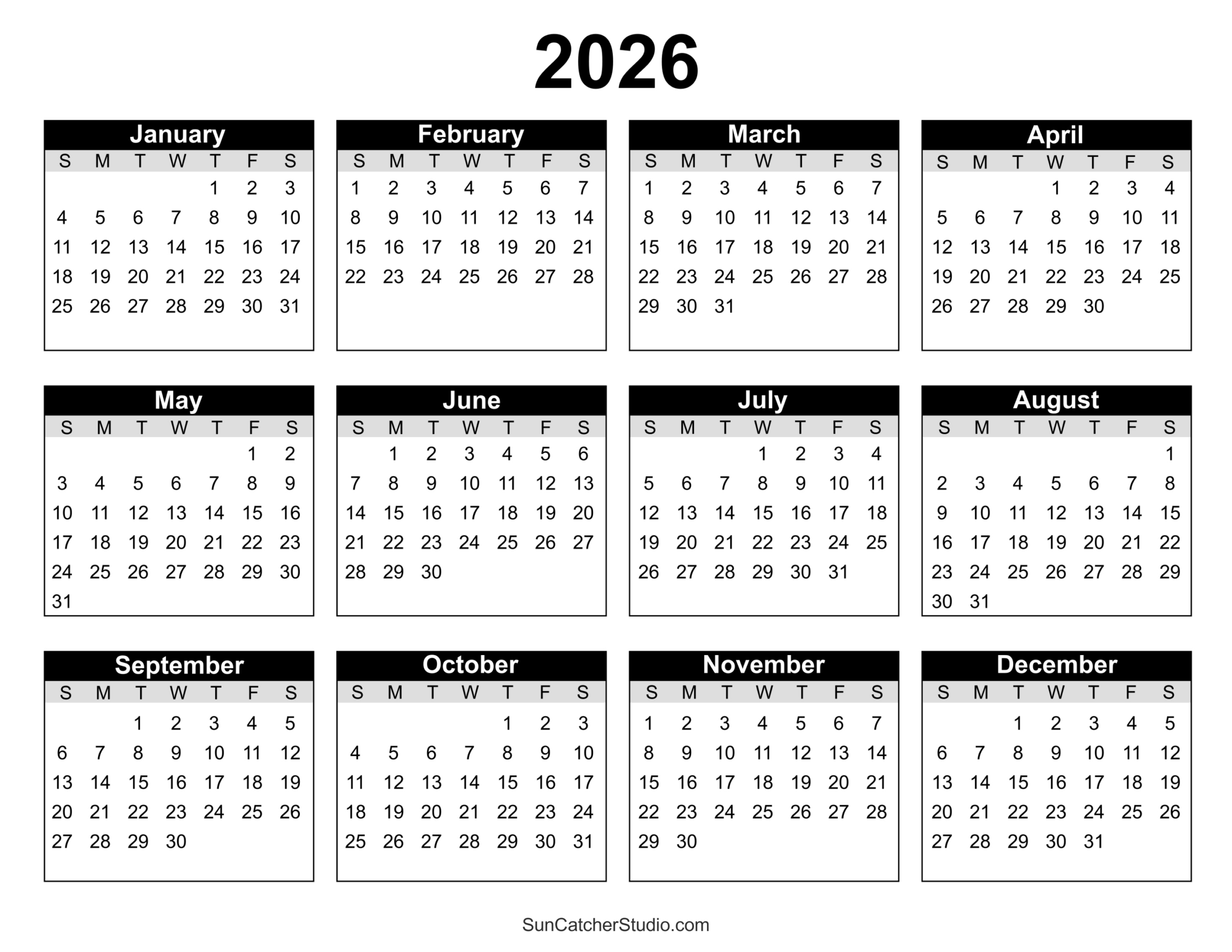 Free Printable 2026 Yearly Calendar – Free Printables, Monograms pertaining to Free Printable 2026 Yearly Calendar Printable