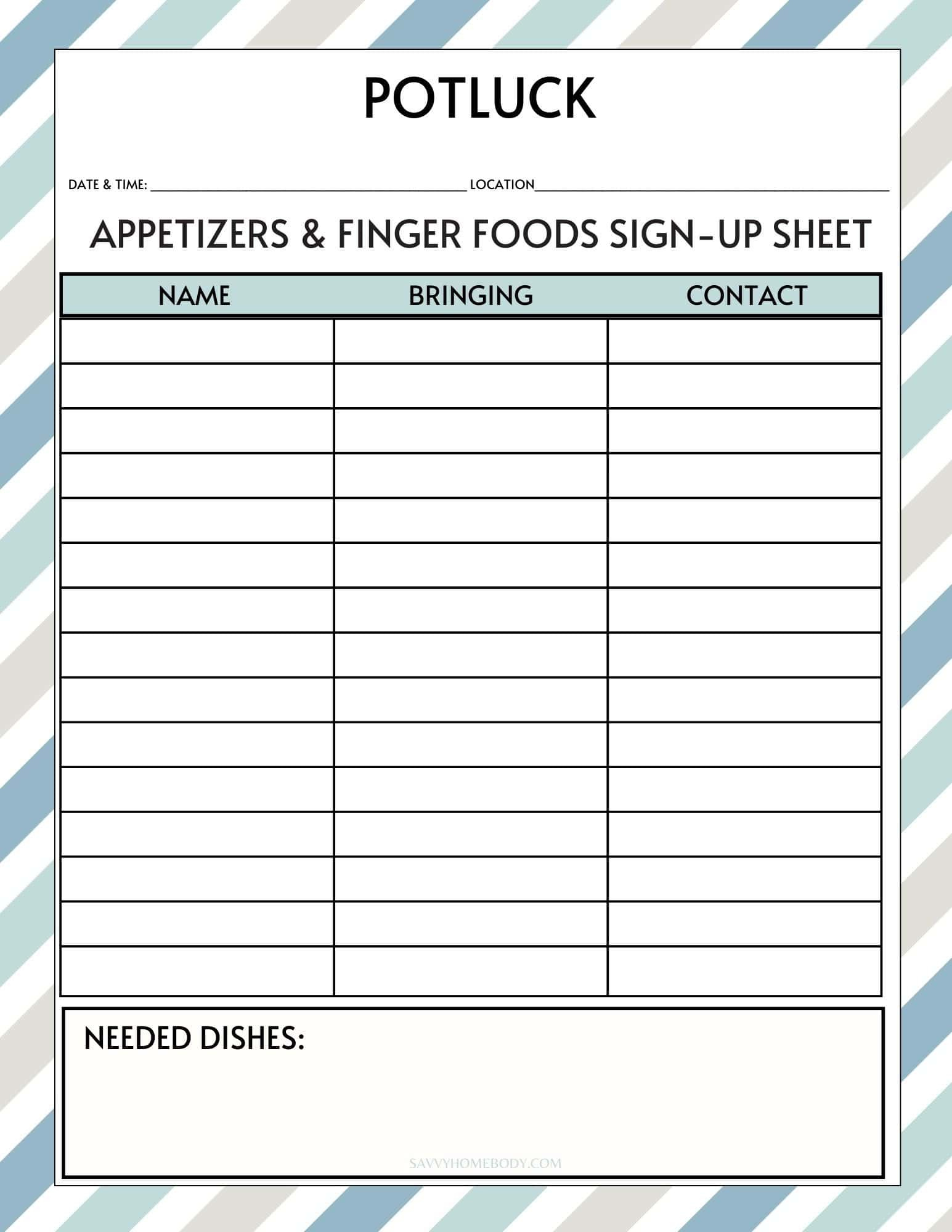 Free Printable Potluck Sign Up Sheets for Free Printable Potluck Sign Up Sheet