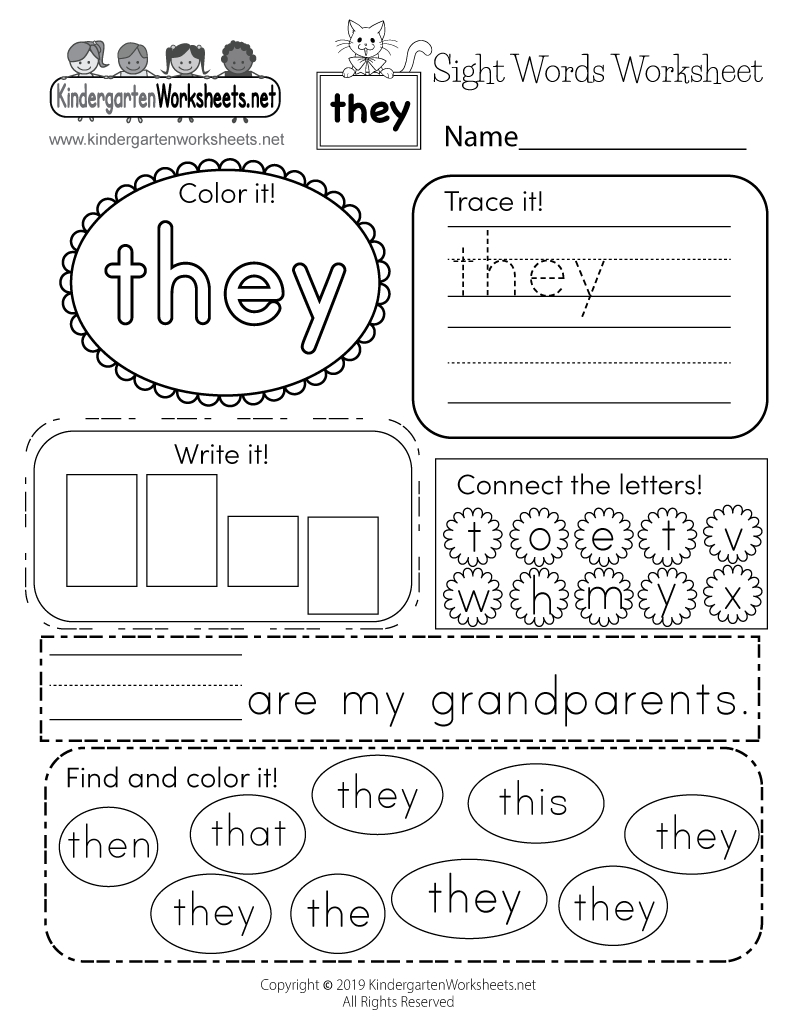 Free Printable Sight Word “They” Worksheet in Free Printable Worksheets Kindergarten Sight Words