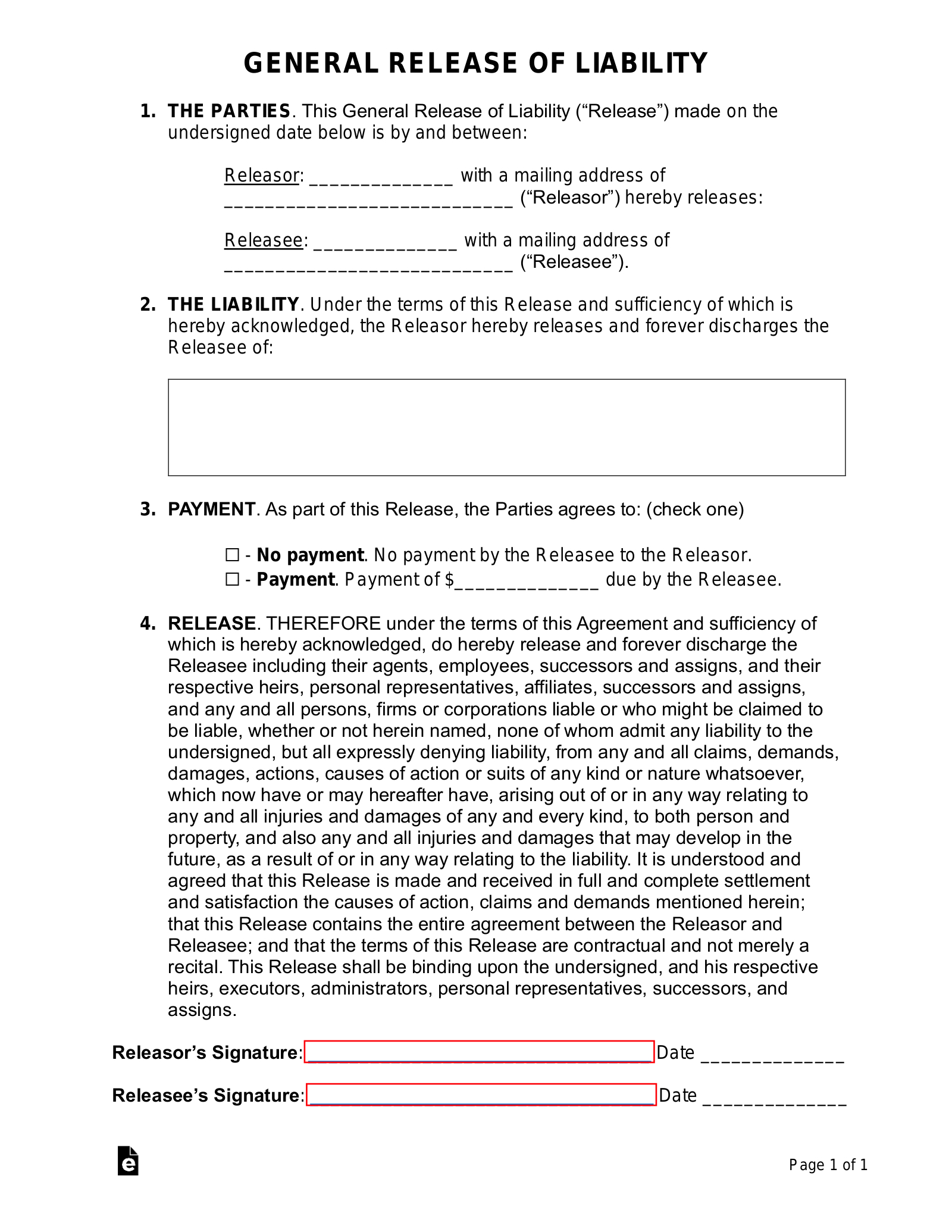 Free Release Of Liability (Waiver) Forms (14) - Pdf | Word – Eforms with Free Printable Liability Waiver Form