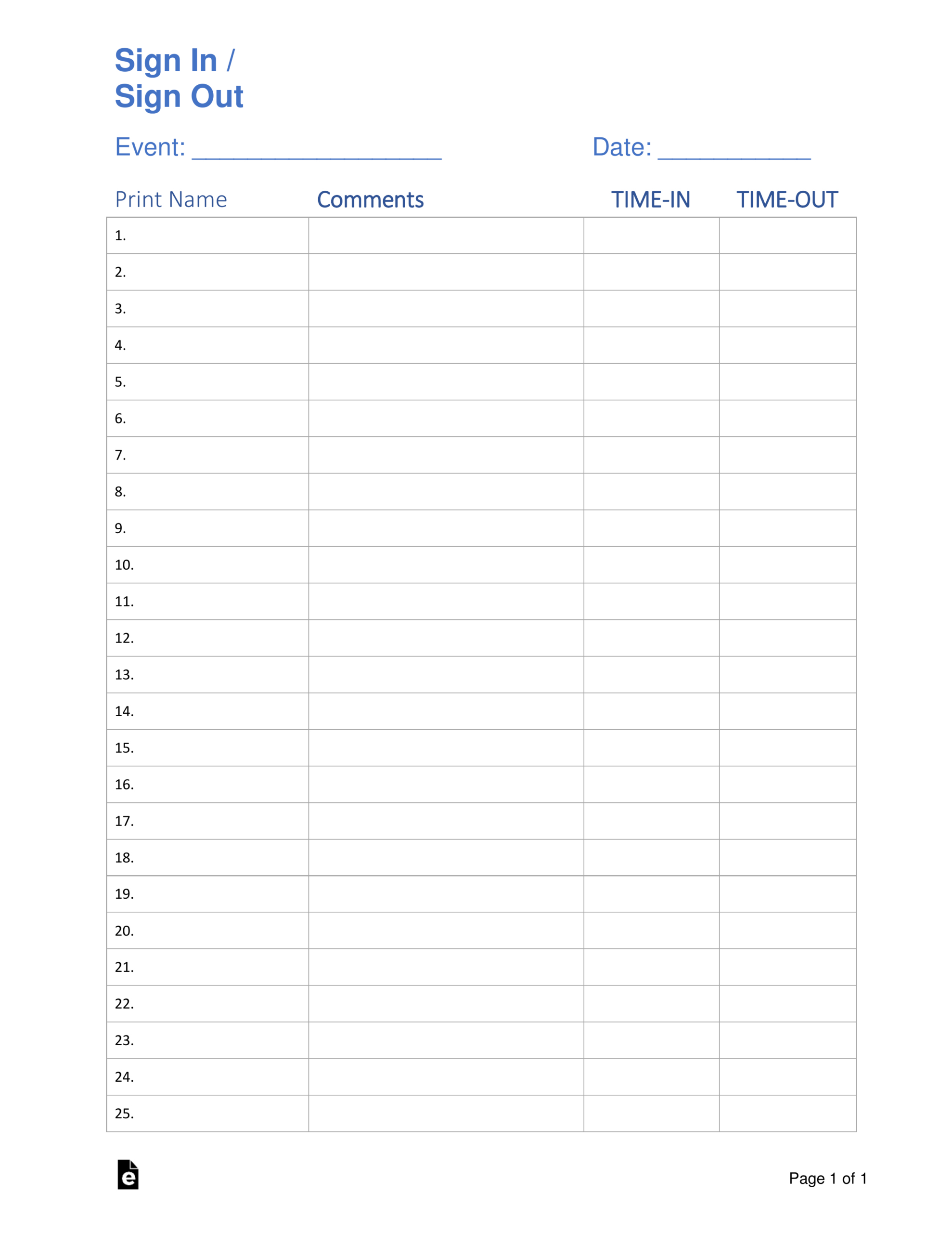 Free Sign In / Sign Up Sheet Templates - Pdf | Word – Eforms for Free Printable Sign In Sheet Template