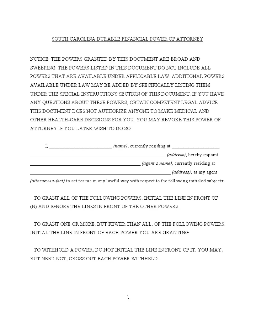 Free South Carolina Durable Power Of Attorney Form For Finances pertaining to Free Printable Durable Power of Attorney Form South Carolina